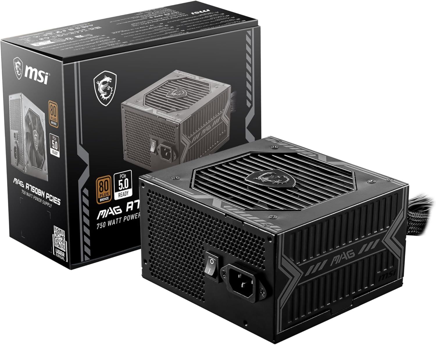 MSI MAG A750BN PCIE5, Non-Modular Compact Gaming 750W Power Supply, 80+ Bronze, Low-Noise Fan,12V-2x6 Cable, PCIE 5.0 Ready