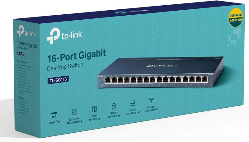 TP-Link 16 Port Gigabit Ethernet Network Switch, Desktop/ Wall-Mount, Fanless, Sturdy Metal w/ Shielded Ports, Traffic Optimization, Unmanaged