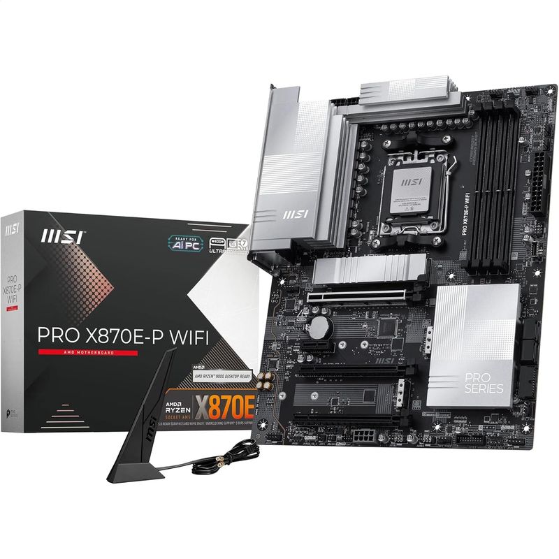 MSI PRO X870E-P WiFi Motherboard, ATX - Supports AMD Ryzen 9000/8000 / 7000 Processors, AM5-60A SPS VRM, DDR5 Memory Boost (8200+ MT/s OC), PCIe 5.0 x16 & 4.0 x16, M.2 Gen5, Wi-Fi 7, 5G LAN