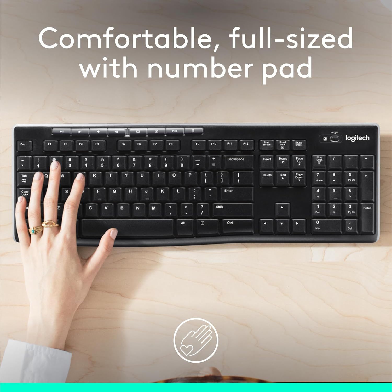 Logitech K270 Wireless Keyboard for Windows, 2.4 GHz Wireless, Full-Size, Number Pad, 8 Multimedia Keys