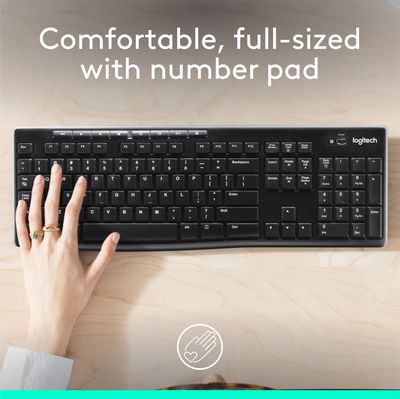 Logitech K270 Wireless Keyboard for Windows, 2.4 GHz Wireless, Full-Size, Number Pad, 8 Multimedia Keys