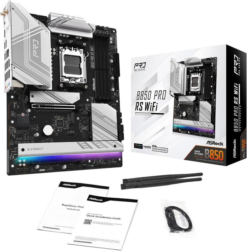 ASRock AMD B850 Pro RS WiFi 6E Socket AM5 Ryzen 9000/8000/7000 Series DDR5 up to 8000+ (OC) MHz 256GB ATX Motherboard M.2 SATA3 6.0 Gb/s PCIe 5.0 BIOS Flashback 2.5G LAN
