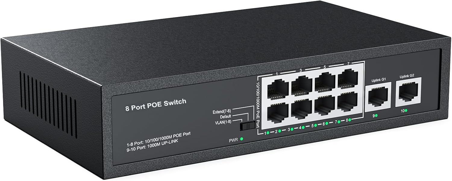 Real HD 10 Port PoE Switch, 8 Ports PoE+ 2 Uplink Unmanaged 100Mbps Switch, High Total Power Budget 120W, 802.3af/at Compliant, Work with IP Cameras VOIP Phones