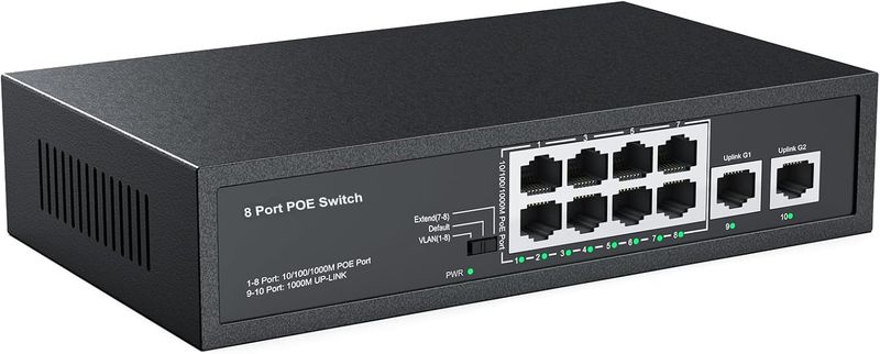 Real HD 10 Port PoE Switch, 8 Ports PoE+ 2 Uplink Unmanaged 100Mbps Switch, High Total Power Budget 120W, 802.3af/at Compliant, Work with IP Cameras VOIP Phones