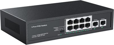 Real HD 10 Port PoE Switch, 8 Ports PoE+ 2 Uplink Unmanaged 100Mbps Switch, High Total Power Budget 120W, 802.3af/at Compliant, Work with IP Cameras VOIP Phones