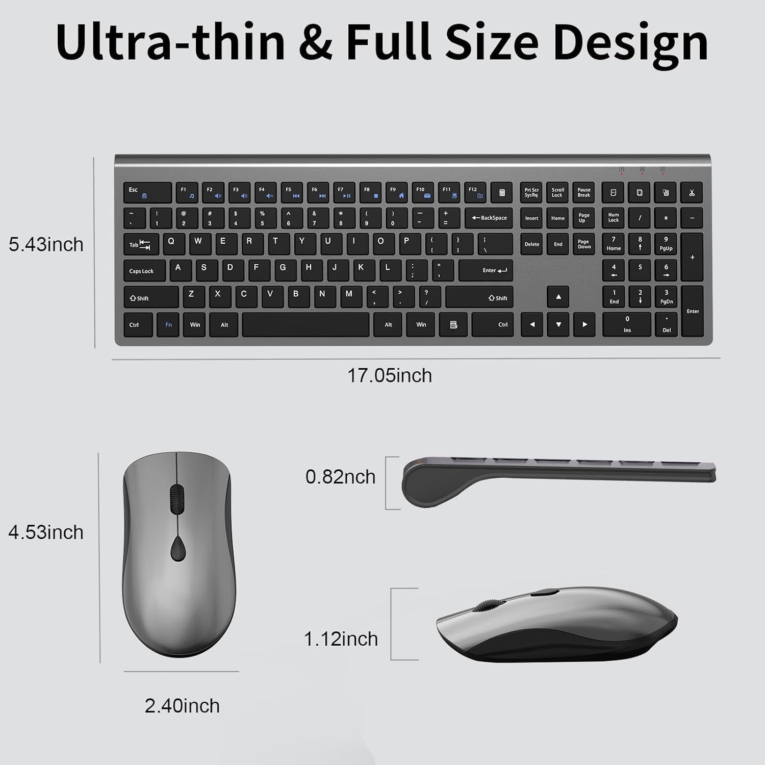 Wireless Mouse and Keyboard Combo, Silent Full-Size Computer Keyboard with Calculator Button, 2400 DPI Mouse, Quiet Click, Slim Cordless USB Set for Laptop PC Windows Mac - Space Grey