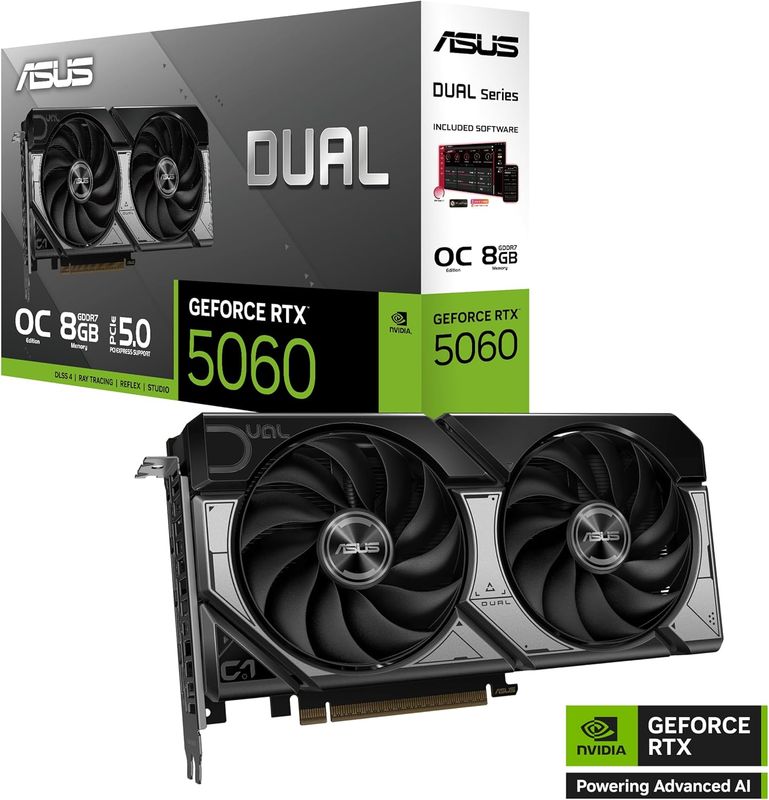 ASUS Dual GeForce RTX™ 5060 8GB GDDR7 OC Edition (PCIe 5.0, 8GB GDDR7, DLSS 4, HDMI 2.1b, DisplayPort 2.1b, 2.5-Slot Design, Axial-tech Fan Design, 0dB Technology, and More)