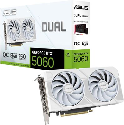 ASUS Dual GeForce RTX™ 5060 8GB GDDR7 White OC Edition Graphics Card, NVIDIA, Desktop (PCIe 5.0, DLSS 4, HDMI 2.1b, DisplayPort 2.1b, 2.5-Slot, Axial-tech Fan, 0dB Technology, Dual BIOS) ASUS Dual GeForce RTX™ 5060 8GB GDDR7 White OC Edition Graphics Card, NVIDIA, Desktop (PCIe 5.0, DLSS 4, HDMI 2.1b, DisplayPort 2.1b, 2.5-Slot, Axial-tech Fan, 0dB Technology, Dual BIOS)