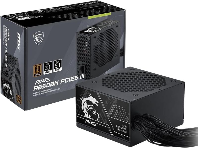 MSI MAG A650BN PCIE5 III, Non Modular Gaming 650W Power Supply, 80+ Bronze, Dual 12V-2x6 Cables, Server-Grade Capacitor, ATX 3.1 & PCIe 5.1