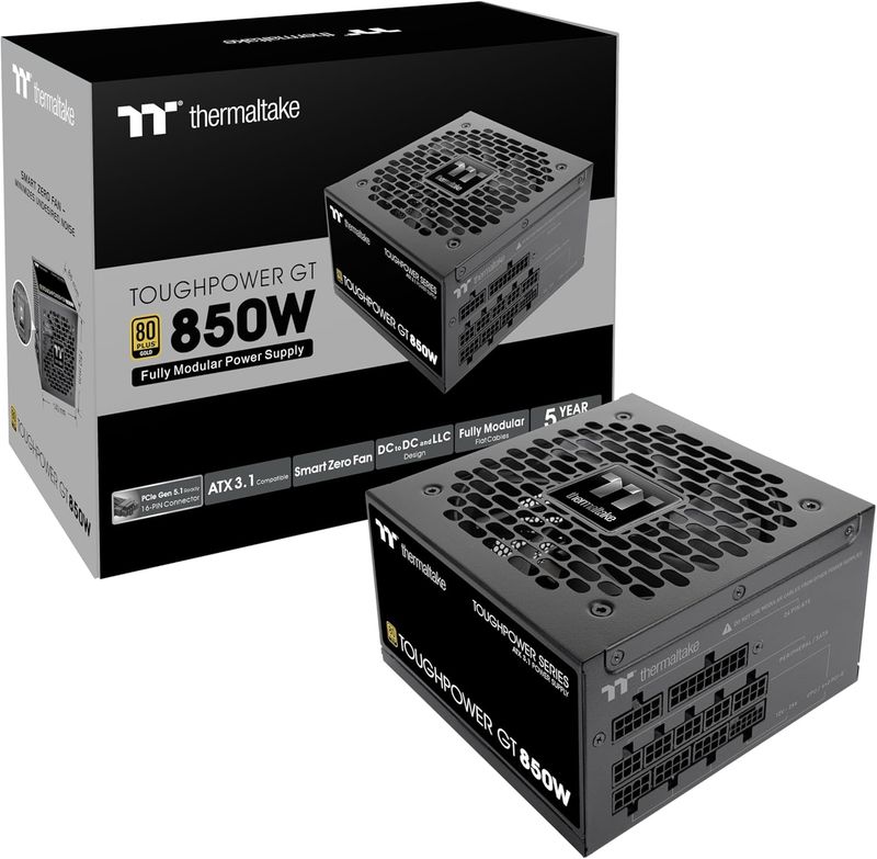 Thermaltake Toughpower GT 850W ATX 3.1 Standard Power Supply; 80 Plus Gold Efficiency; Smart Zero Fan; Native 450W PCIe 5.1 Connector; PS-TPT-0850FNFAGU-3