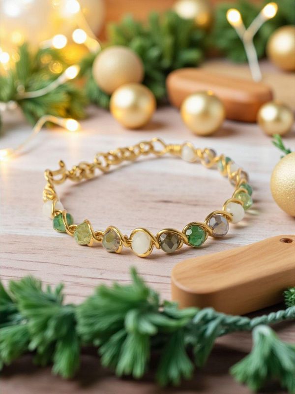 Gold Wire Wrapped Bangle with Green Beads