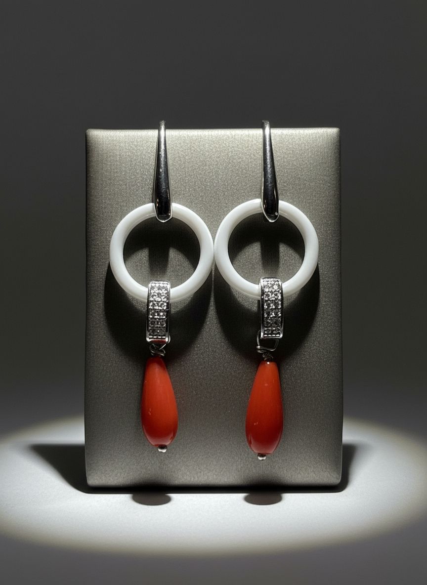 Orecchini in argento, 925 con zirconi ceramica e corallo Mediterraneo