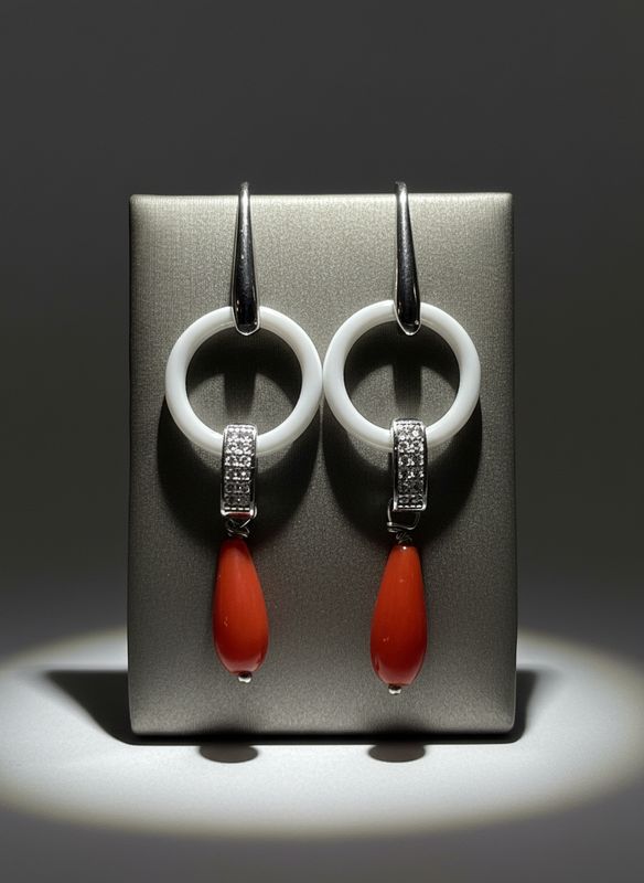 Orecchini in argento, 925 con zirconi ceramica e corallo Mediterraneo