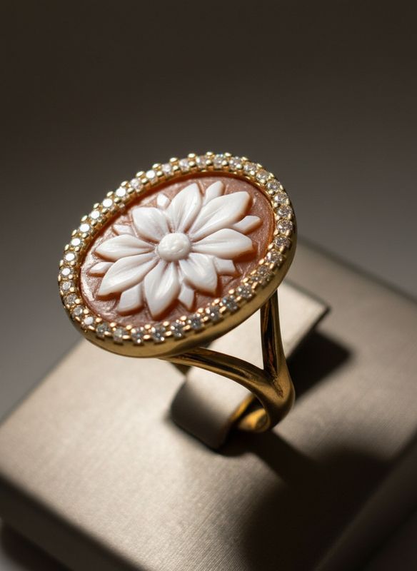 Anello regolabile in argento, 925 con zirconi e cammeo sardonico rodiato color oro, porco Giuda