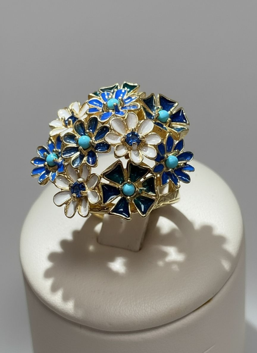 Anello regolabile in argento 925, placcato oro con smalti cristalli e pasta di turchese