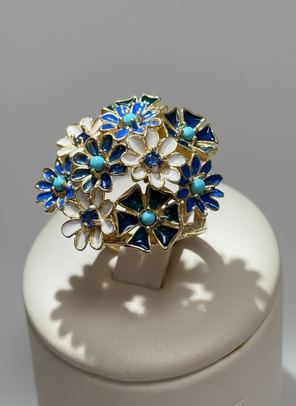 Anello regolabile in argento 925, placcato oro con smalti cristalli e pasta di turchese