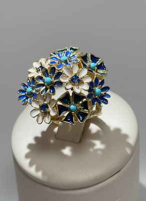Anello regolabile in argento 925, placcato oro con smalti cristalli e pasta di turchese