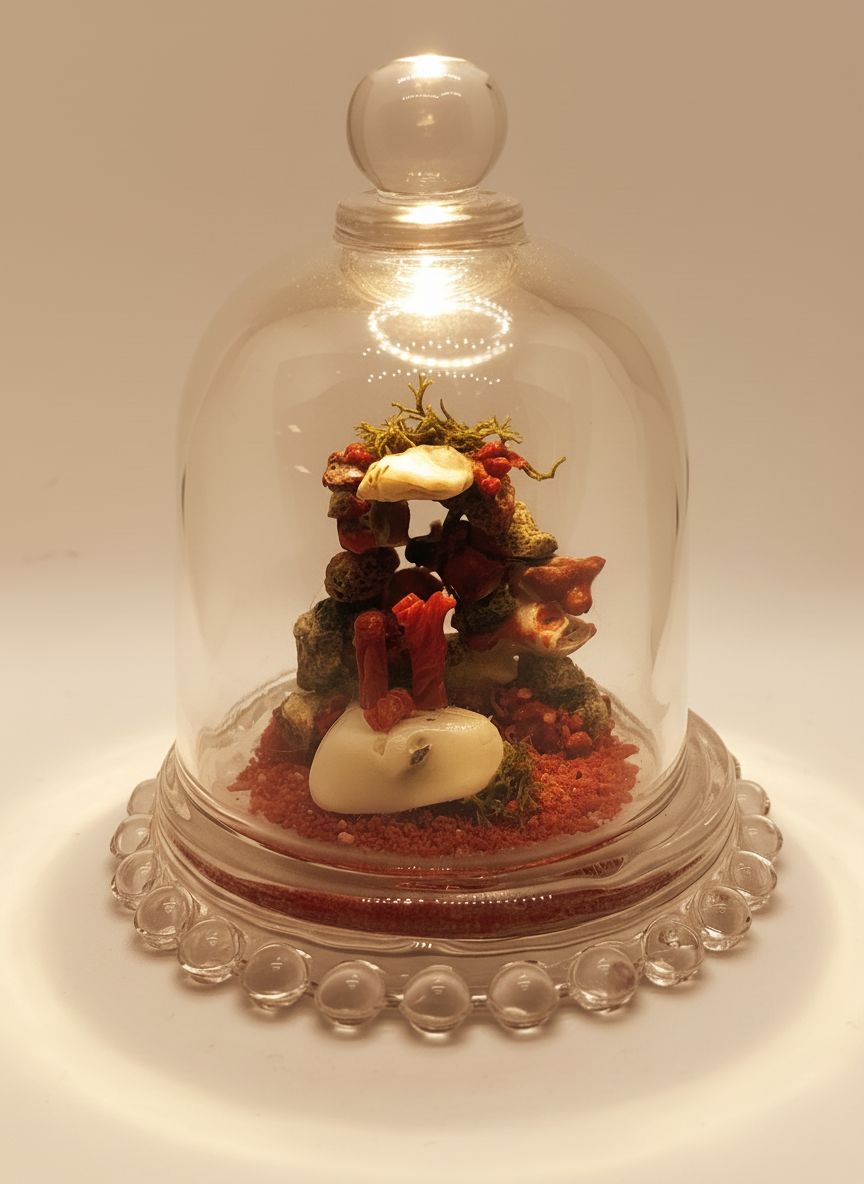 Presepe in corallo Mediterraneo ed elementi marini in campana di cristallo.