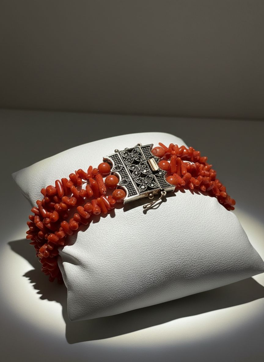 Bracciale a tre fili in corallo mediterraneo di prima scelta e chiusura in argento 925  stile antico