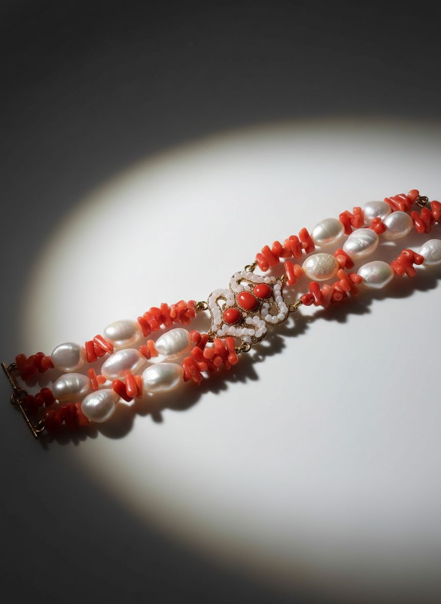 Bracciale con corallo orientale  con  perle barocche e tre cabouscion di corallo e Agata bianca sfaccettata tutto montato in argento 925 bagnato rosé