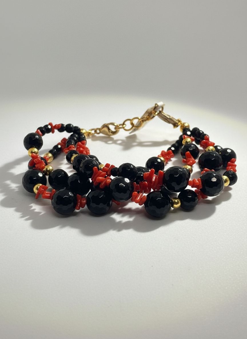 Bracciale in argento, 925 con corallo Mediterraneo e Agata nera sfaccettata