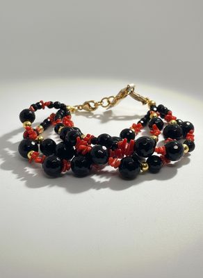 Bracciale in argento, 925 con corallo Mediterraneo e Agata nera sfaccettata