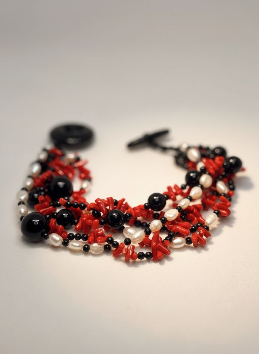 Bracciale in corallo mediterraneo, Agata nera e perle di fiume