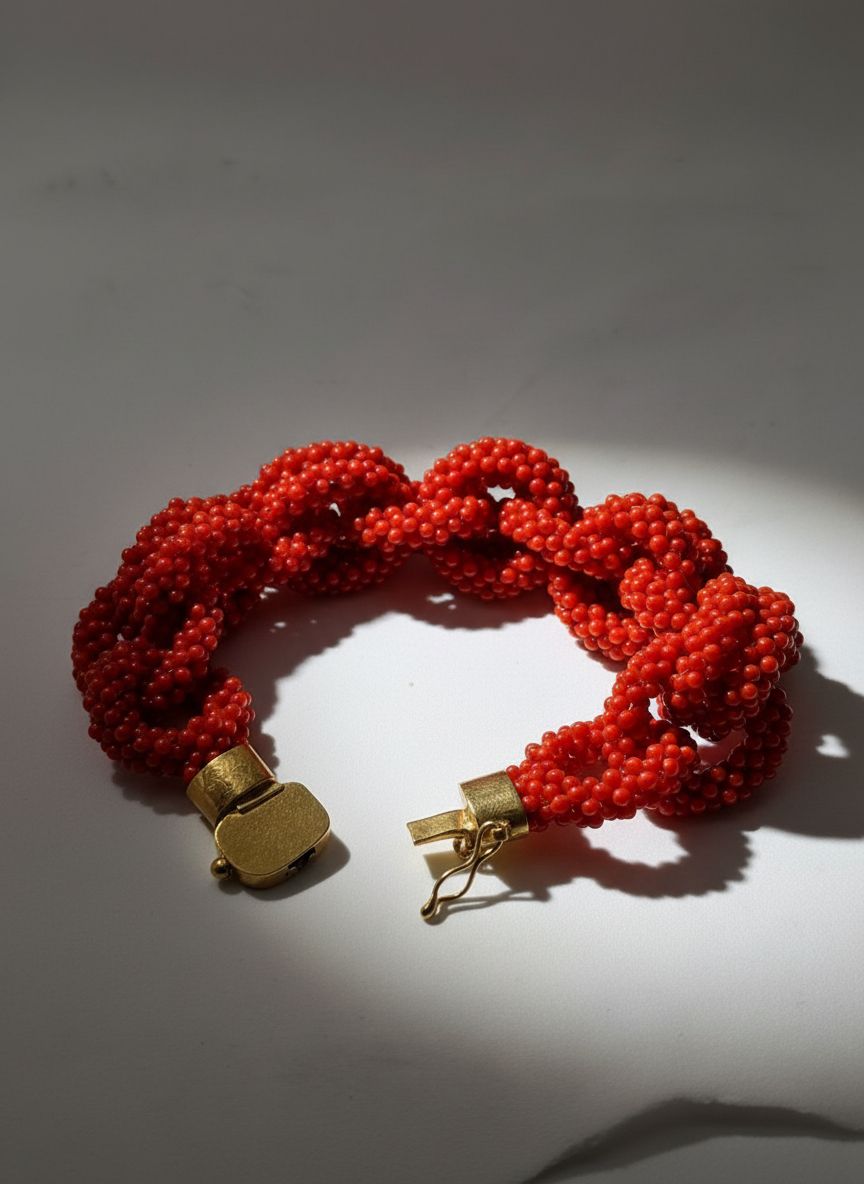 Bracciale in corallo mediterraneo, lavorato a tessuto e montato con chiusura in argento 925 colore dorato