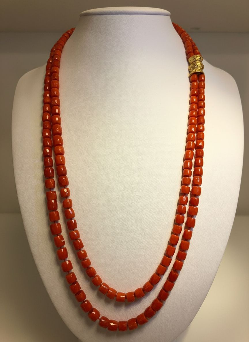 Collana con barilotti di corallo mediterraneo sfaccettati montata in oro 18k
