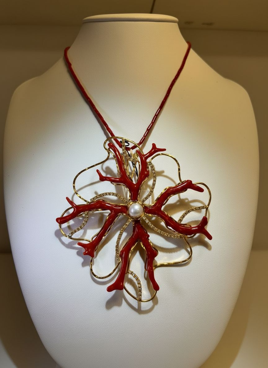 Collana con rami in corallo mediterraneo,perla di fiume, zirconi montata in argento 925 rodiato in oro