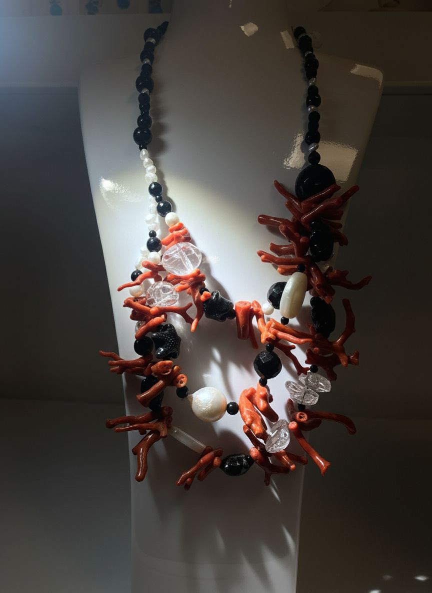 Collana di circa 60 cm con Agata nera sfaccettate ,perle di fiume,  perla barocca,madreperla ,cristallo di rocca e centrale di vera conchiglia.con chiusura in argento 925.