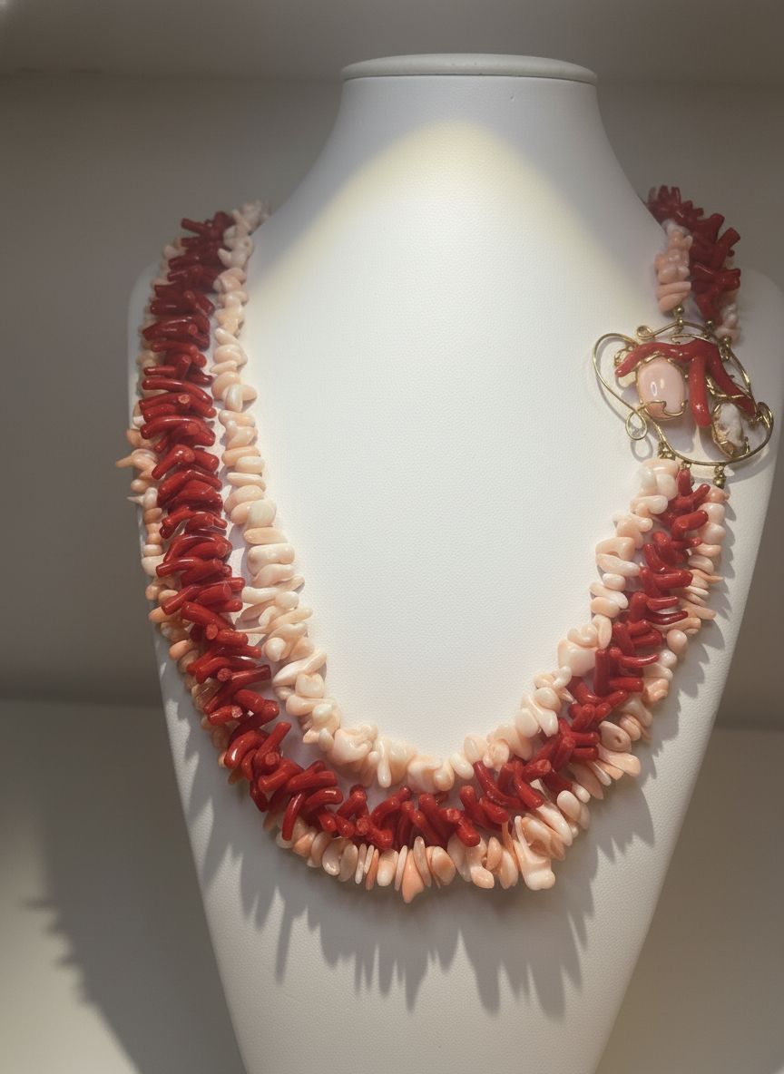 Collana formata da tre fili di corallo, due in corallo orientale rosa, uno in corallo Mediterraneo e centrale in argento 925 bagnato in oro, con ramo di corallo e  cameo di conchiglia,