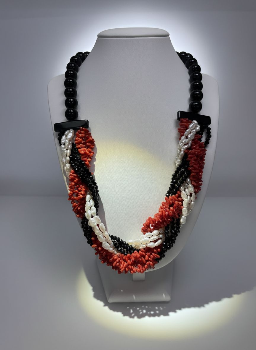Collana in Agata nera, perle di fiume e corallo mediterraneo