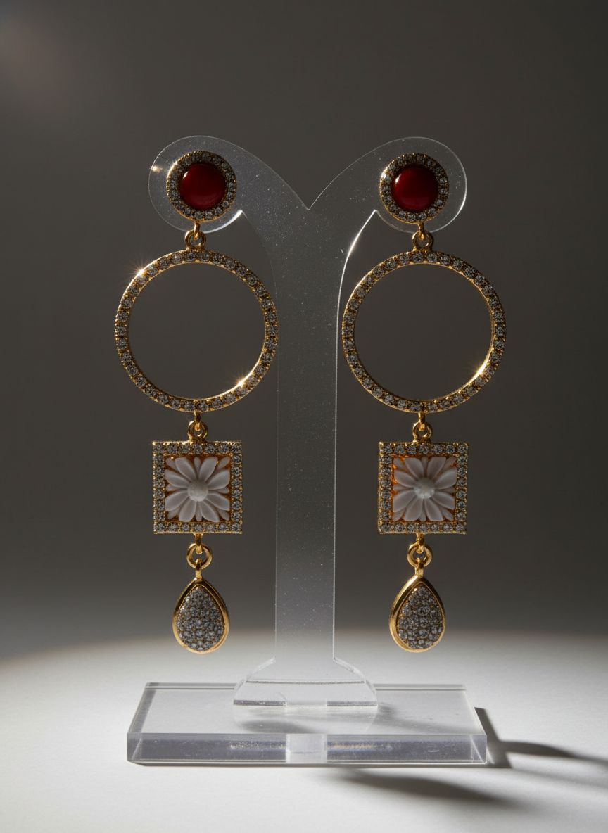 Orecchini argento 925 placcato oro con corallo mediterraneo, zirconi e cameo sardonico