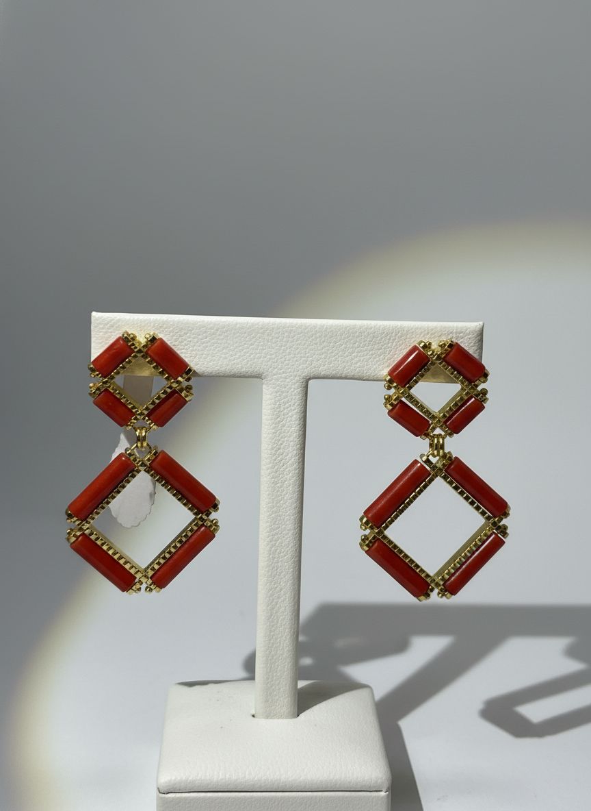 Orecchini in argento, 925 placca d’oro e corallo Mediterraneo