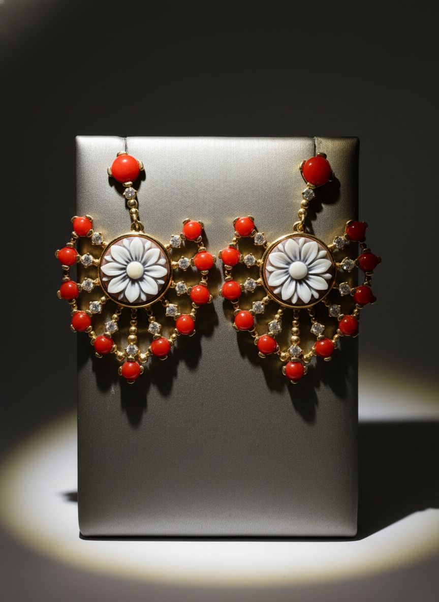 Orecchini in argento 925 placcato oro con corallo mediterraneo, zirconi e cammeo sardonico