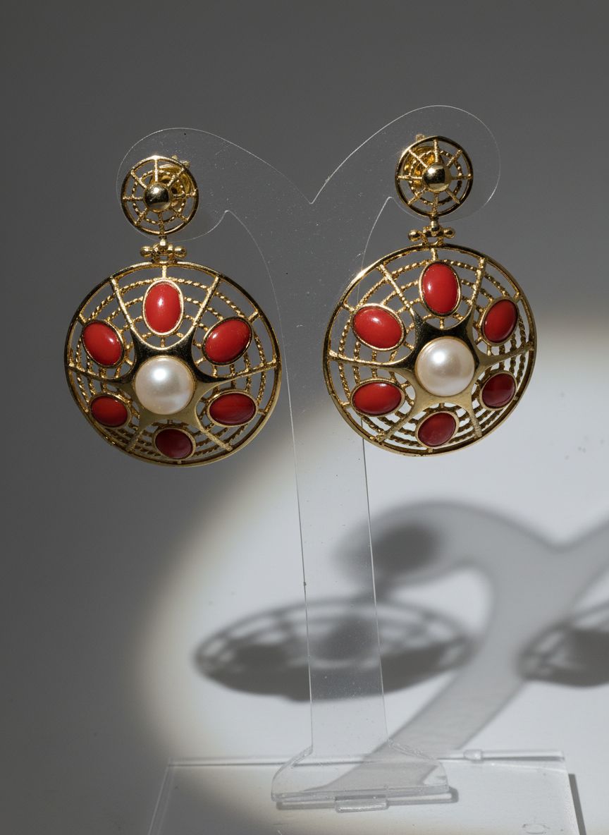 Orecchini in argento, 925 rodiato colore oro con perla di acqua di fiume e cabochon di corallo Mediterraneo