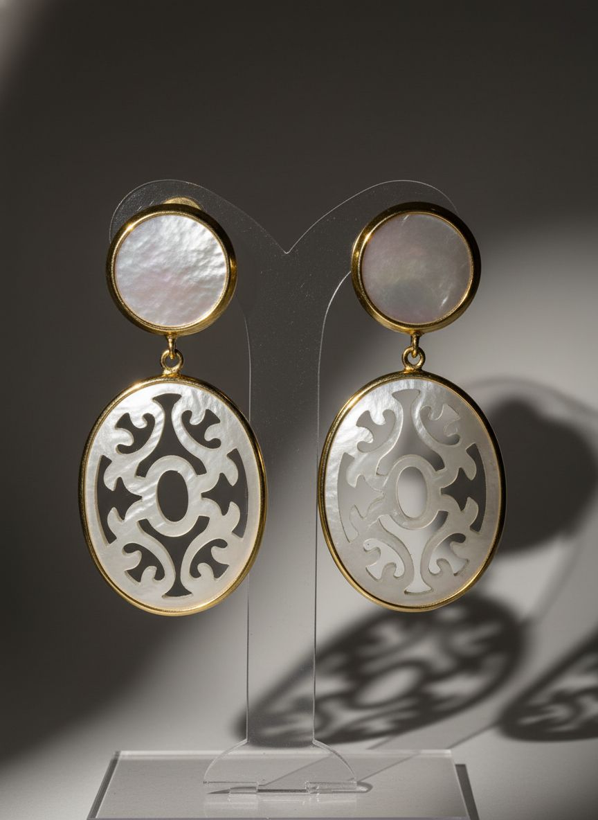 Orecchini in argento, 925 rodiato oro e madreperla lavorata