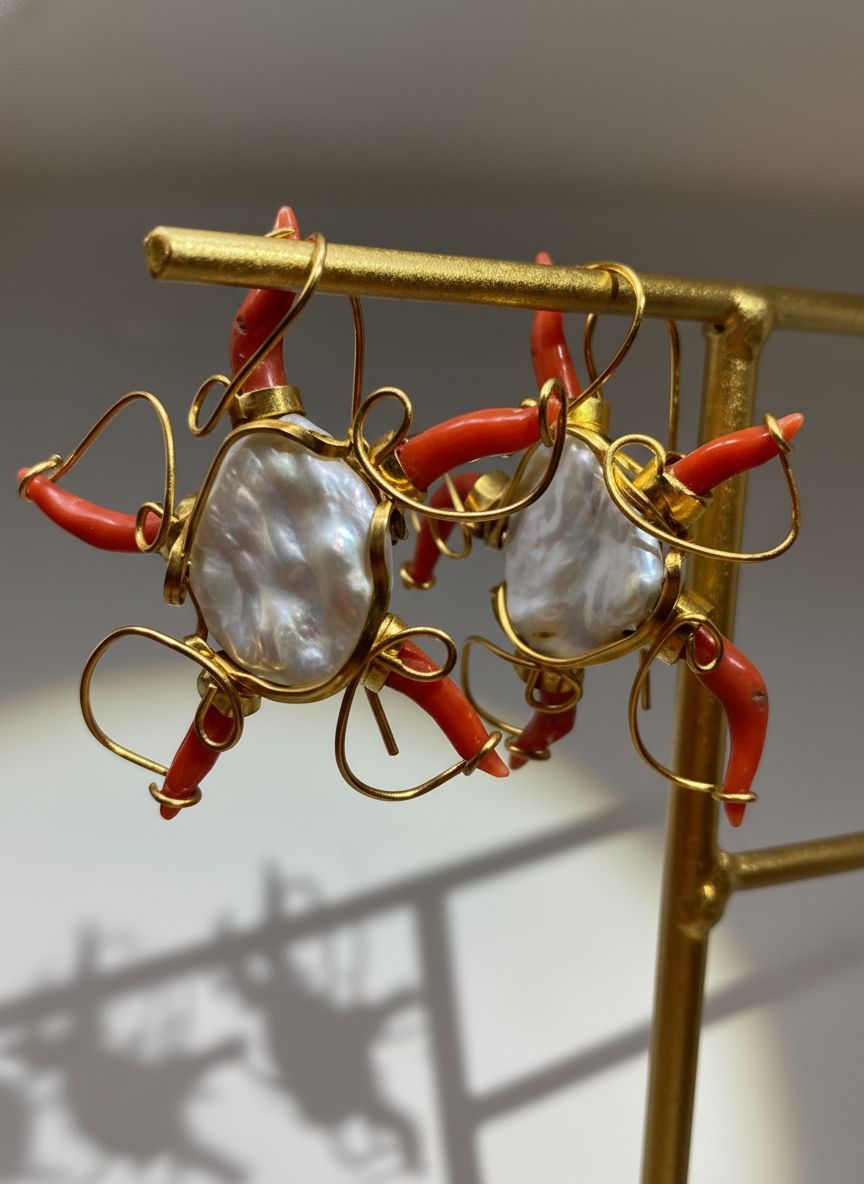 Orecchini in corallo mediterraneo, madreperla e montati in argento 925 dorato