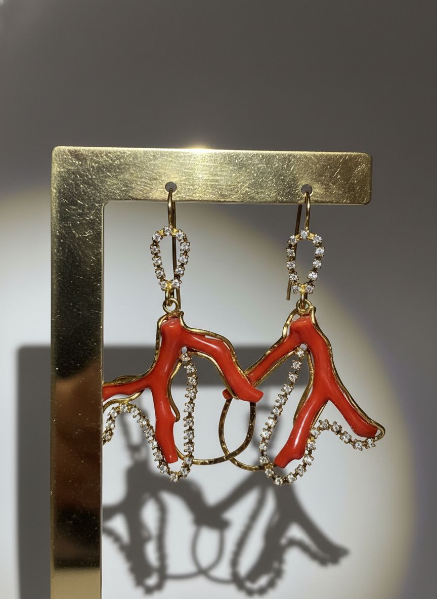 Orecchini in argento 925 rodiato color oro, con ramo in corallo mediterraneo e zirconi