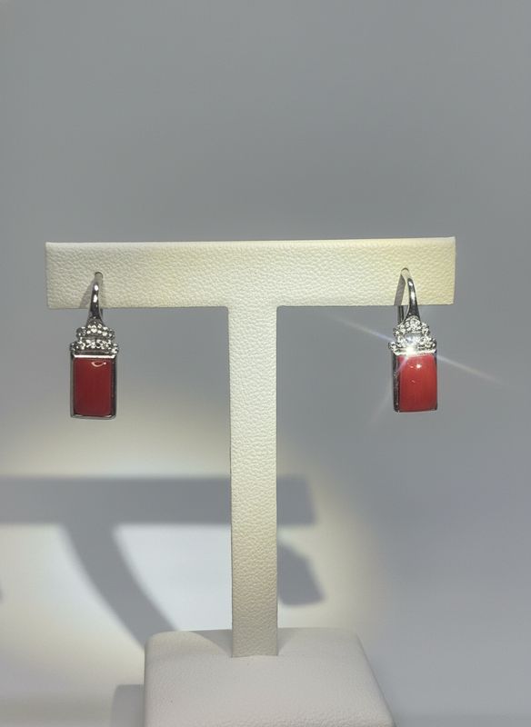 Orecchini in argento, 925, zirconi e corallo Mediterraneo a monachella