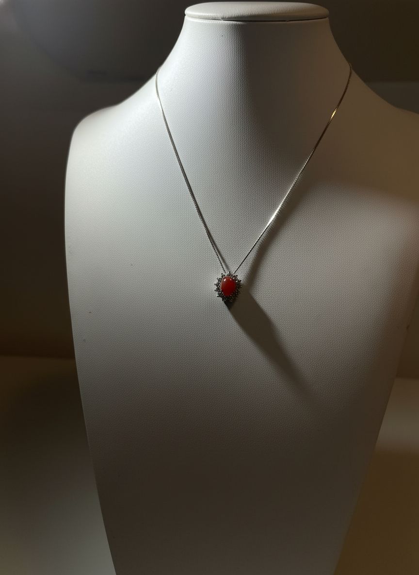 Collana in argento 925 con zirconi e corallo Mediterraneo.