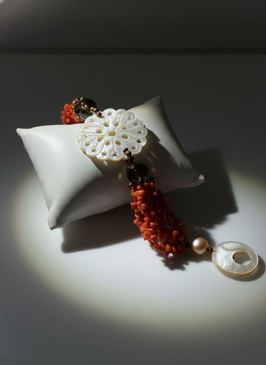 Bracciale in corallo mediterraneo, perle di fiume, madreperla e quarzo fumé
