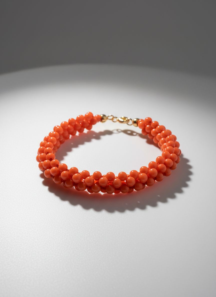 Bracciale in corallo mediterraneo, lavorato a tessuto con chiusure in argento 925