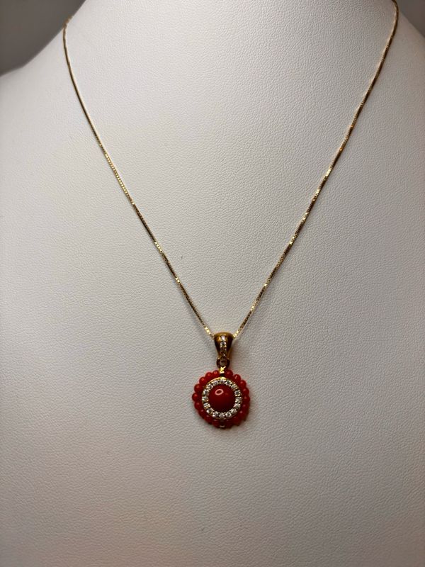 Collana in corallo mediterraneo, zirconi montata in argento 925