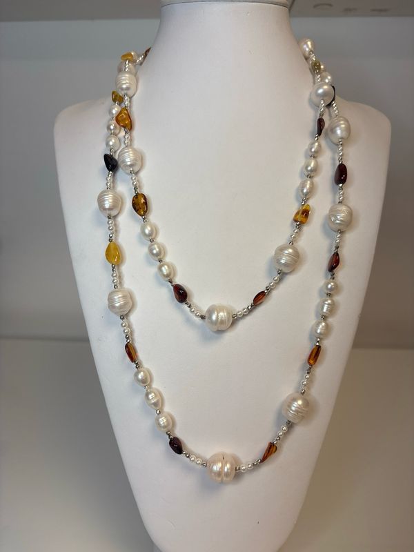 Collana in vere perle naturali e Ambra lunga 100cm