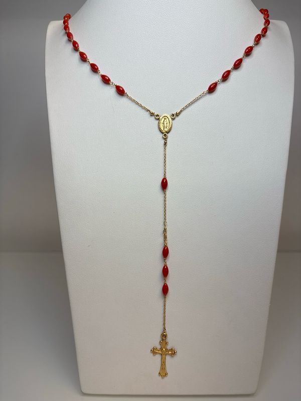 Rosario in oro KT con spolette di corallo Mediterraneo lungo 1,10 m