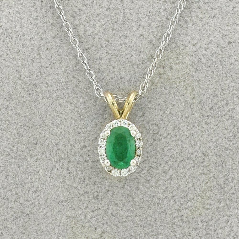 14KTT Emerald and 0.08ct Diamond Pendant