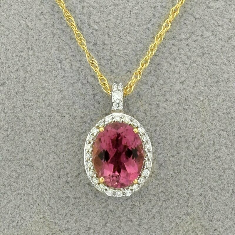 14KYG Pink Tourmaline and 0.27ct Diamond Pendant