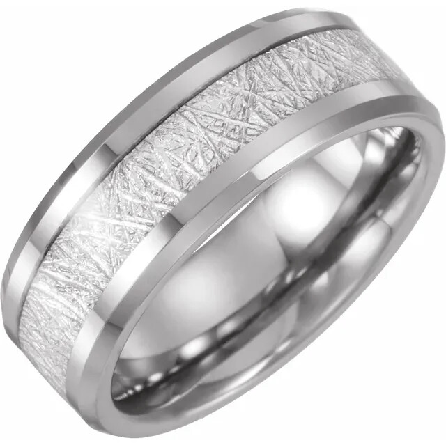 Beveled Tungsten Wedding Band with Imitation Meteorite Inlay